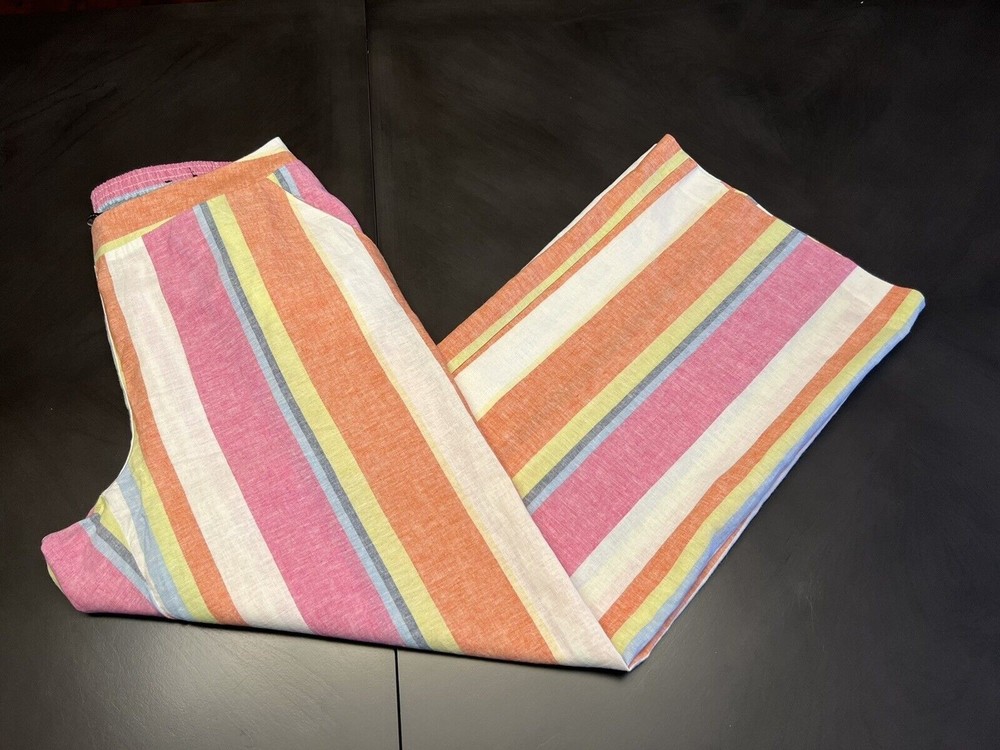 Ashley Stewart Womens Pants 14W Linen/Cotton Wide Leg Elastic Orange Multi